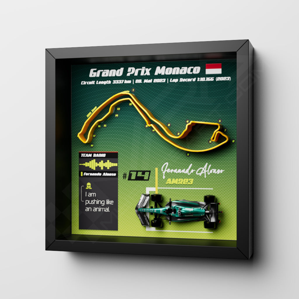 F1 GP Monaco 2023 Frame - Fernando Alonso #14 Aston Martin AMR23 | 25x25 cm
