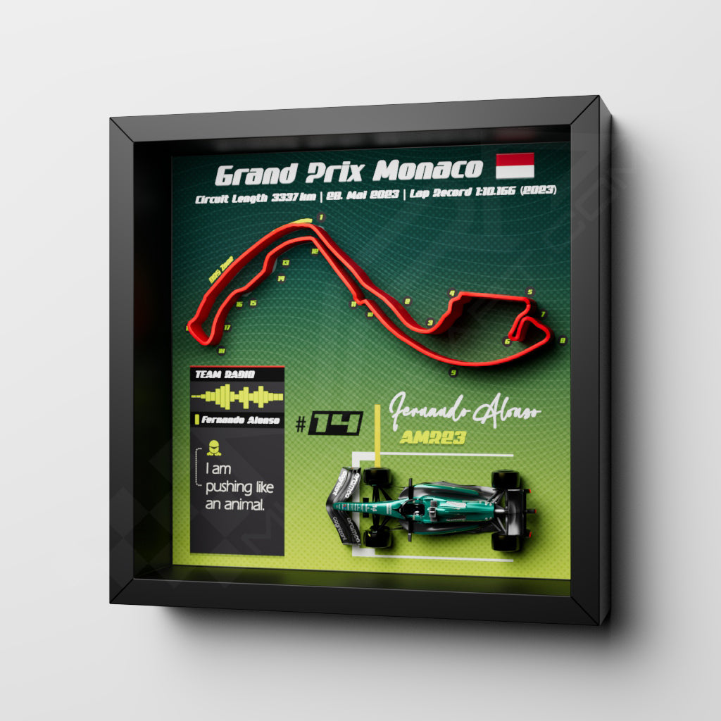 F1 GP Monaco 2023 Frame - Fernando Alonso #14 Aston Martin AMR23 | 25x25 cm