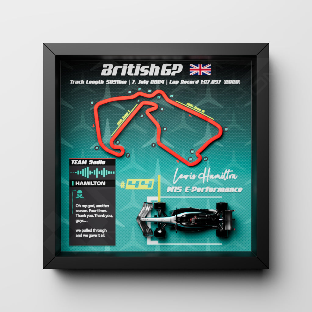 F1 GP 2024 Silverstone 3D Frame - Lewis Hamilton Mercedes W15 | 25x25 cm