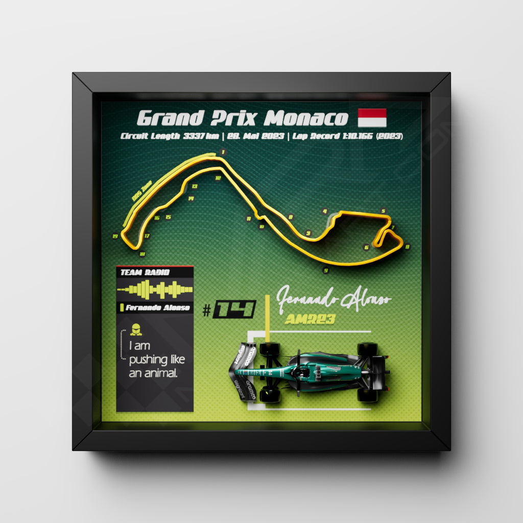 F1 GP Monaco 2023 Frame - Fernando Alonso #14 Aston Martin AMR23 | 25x25 cm