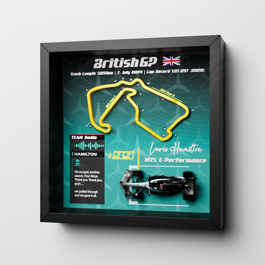 F1 GP 2024 Silverstone 3D Frame - Lewis Hamilton Mercedes W15 | 25x25 cm